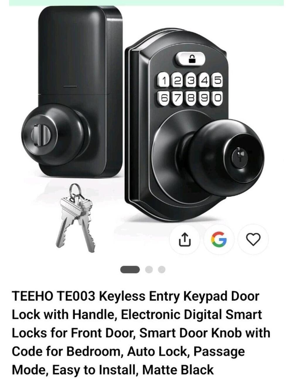 Teeho Keypad Knob Lock Model TE003 With Auto Lock Mode - Matte Black